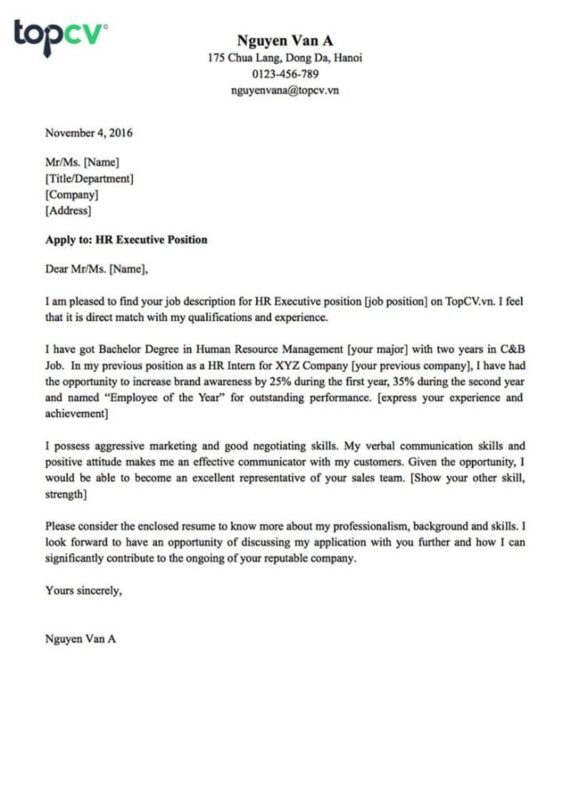 Mẫu Cover letter tiếng Anh cơ bản cho người chưa có kinh nghiệm