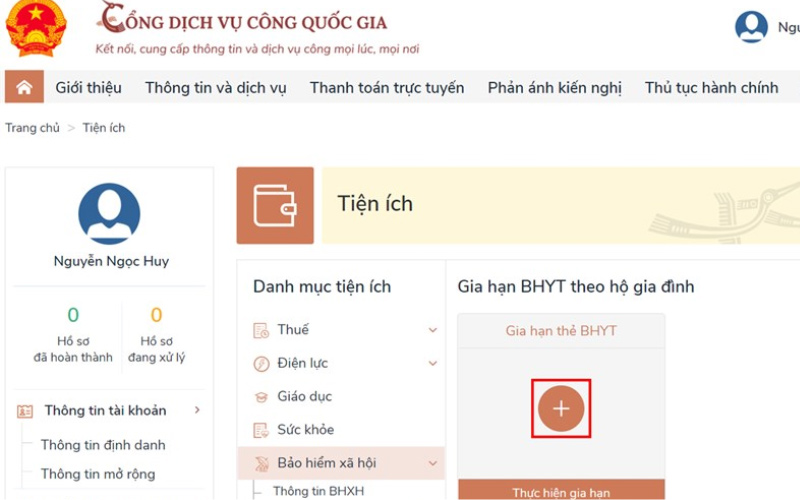 Gia hạn thẻ BHYT qua cổng dịch vụ công quốc gia